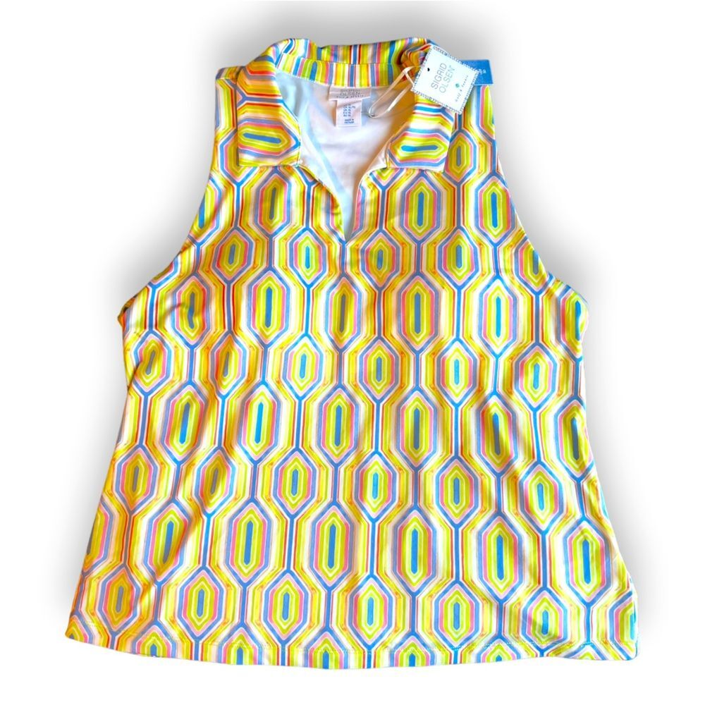 NWT Sigrid Olsen Womens Golf Polo Shirt Racerback Geometric Print Yellow XL
